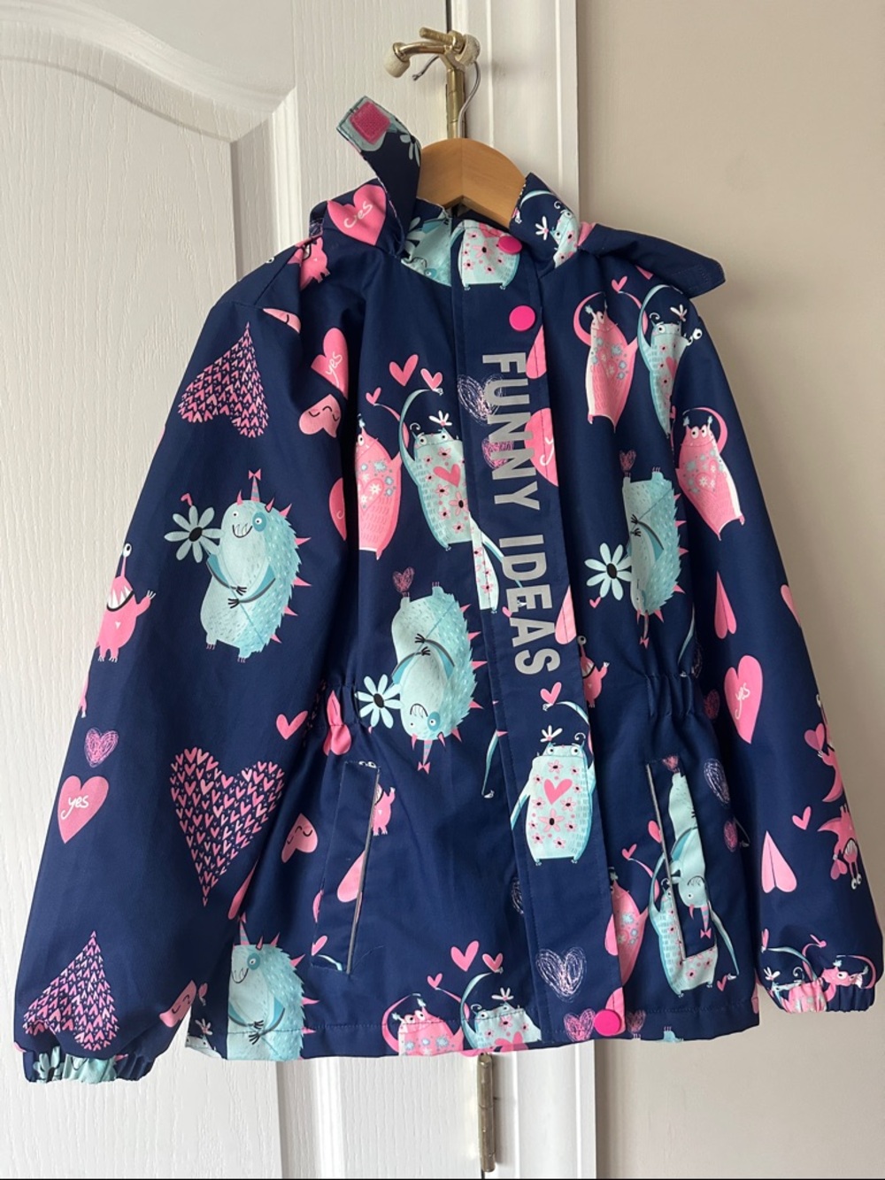 Kids' Navy 'Funny Ideas' Hooded Rain Jacket with Pink & Aqua Print